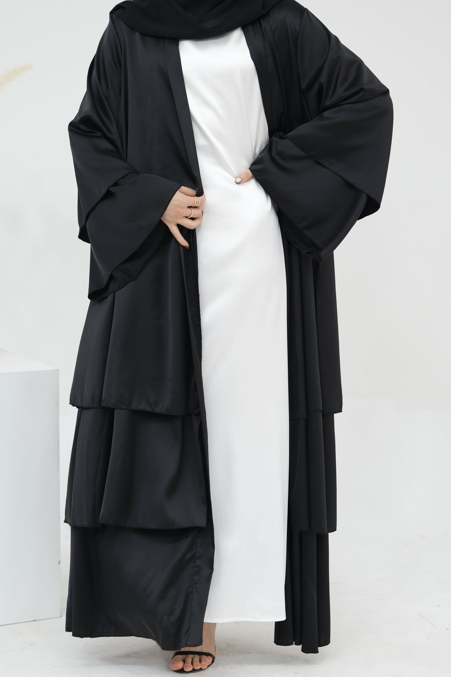 Lakia Satin Bell sleeves Modest Open Abaya 706 - Black