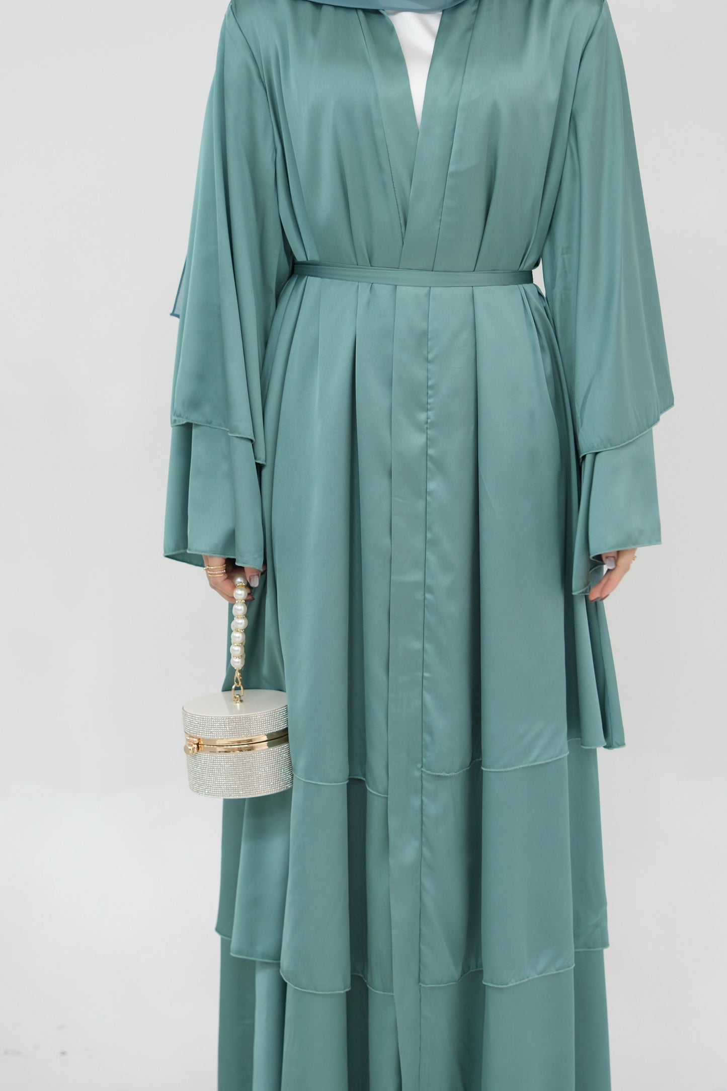 Lakia Satin Bell sleeves Modest Open Abaya 706 - LightSeaGreen