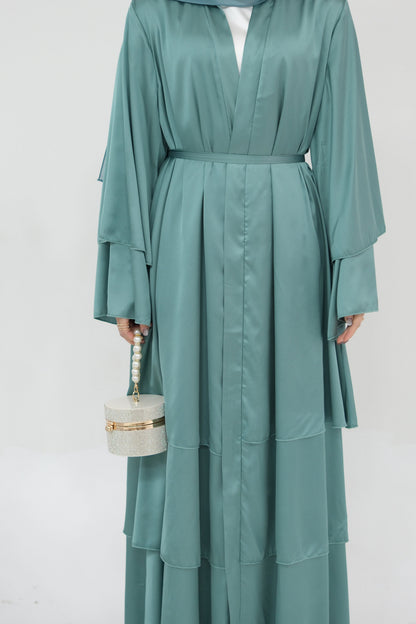 Lakia Satin Bell sleeves Modest Open Abaya 706 - LightSeaGreen