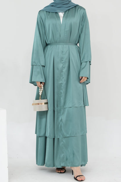 Lakia Satin Bell sleeves Modest Open Abaya 706 - LightSeaGreen