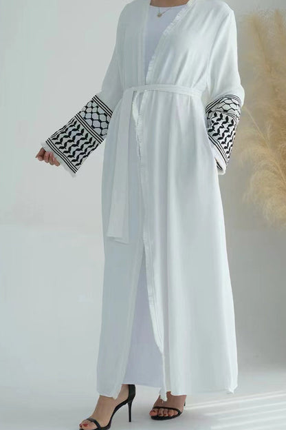 Karina Keffiyeh Inspired Fringed Peace Dove Pattern Embroidery Modest Open Abaya with belt 763 - White