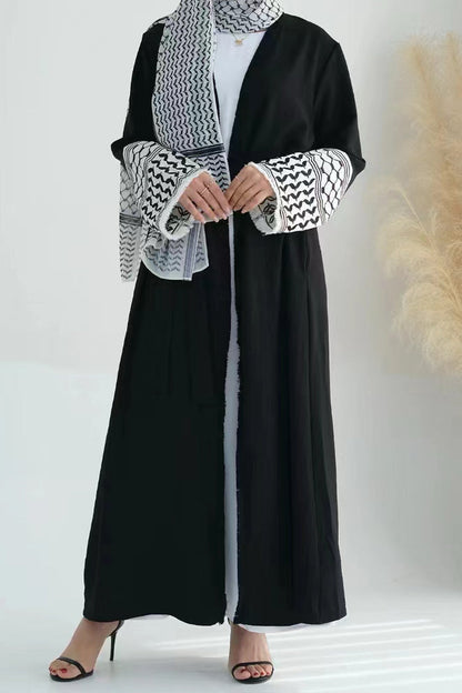 Karina Keffiyeh Inspired Fringed Peace Dove Pattern Embroidery Modest Open Abaya with belt 763 - Black