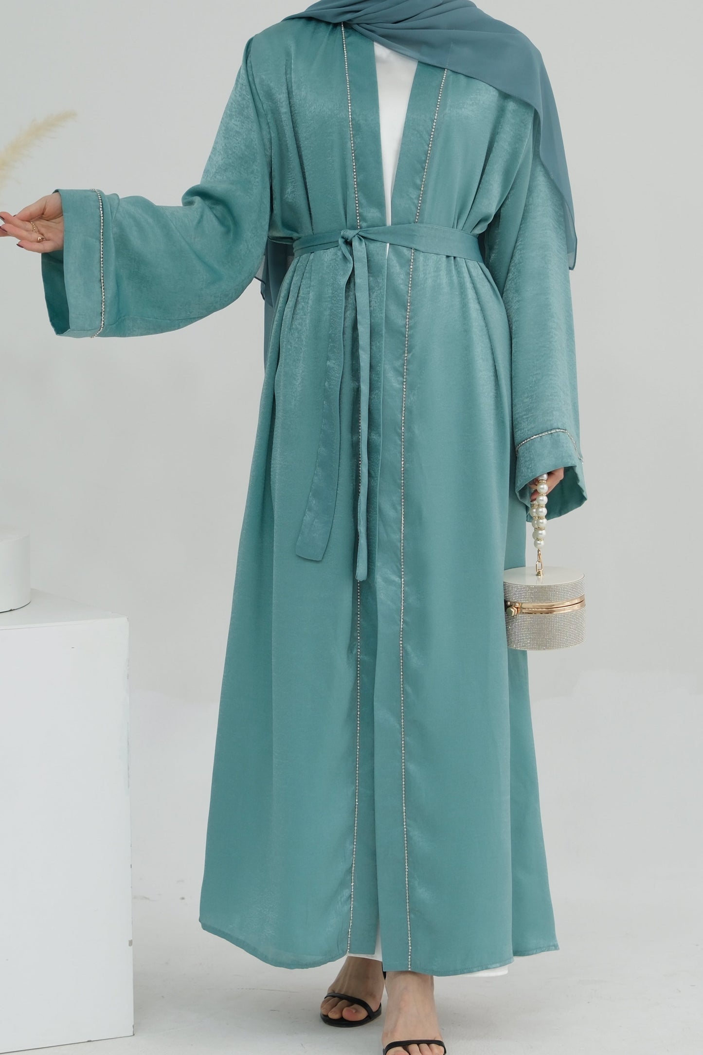 Rania Polyester Fiber Trimmed Open Abaya with Belt 707  - Mint Green
