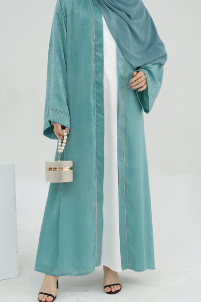 Rania Polyester Fiber Trimmed Open Abaya with Belt 707  - Mint Green