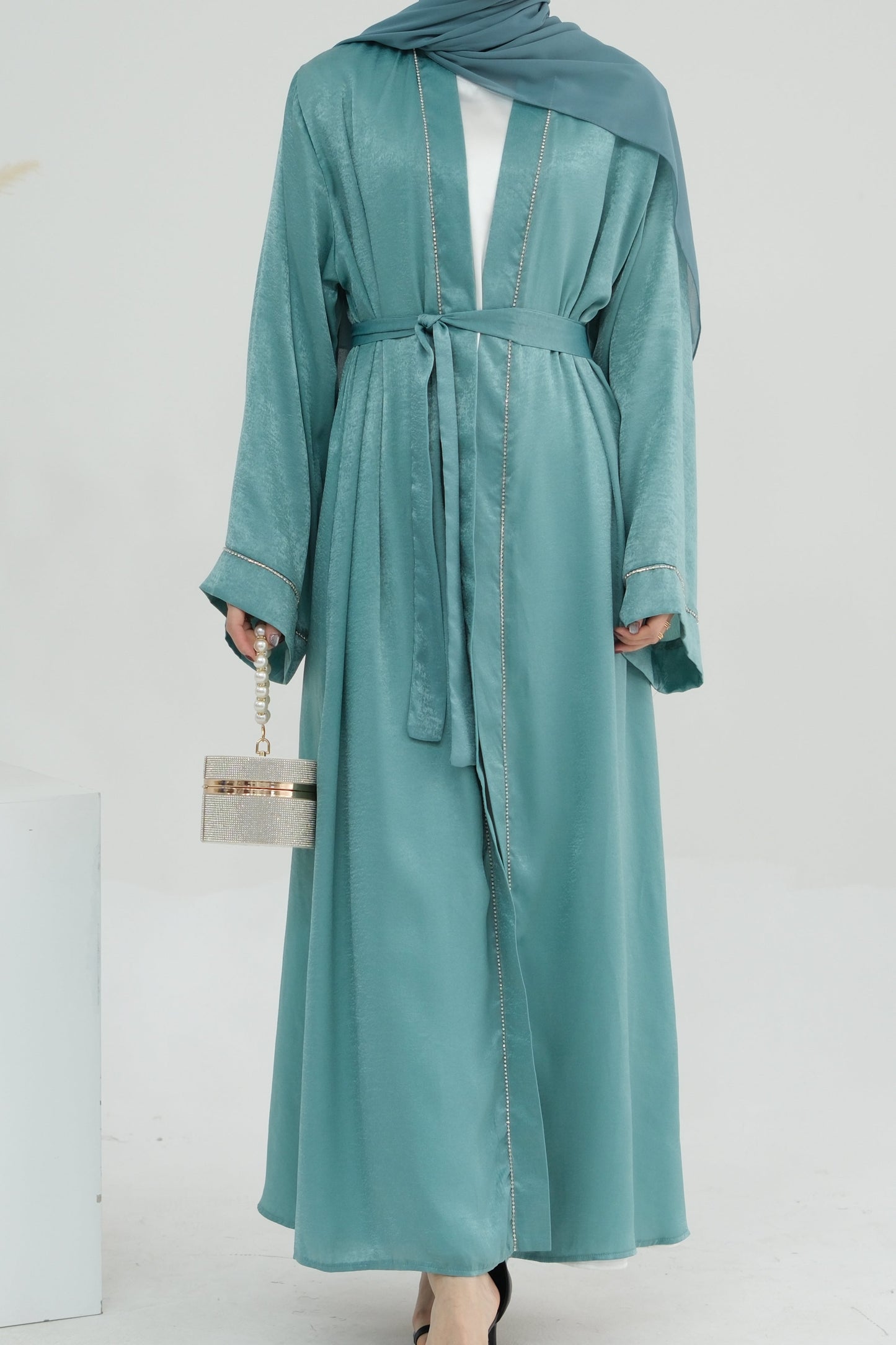 Rania Polyester Fiber Trimmed Open Abaya with Belt 707  - Mint Green