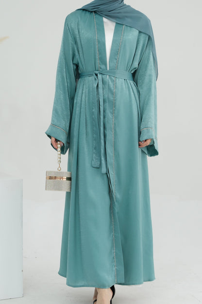 Rania Polyester Fiber Trimmed Open Abaya with Belt 707  - Mint Green