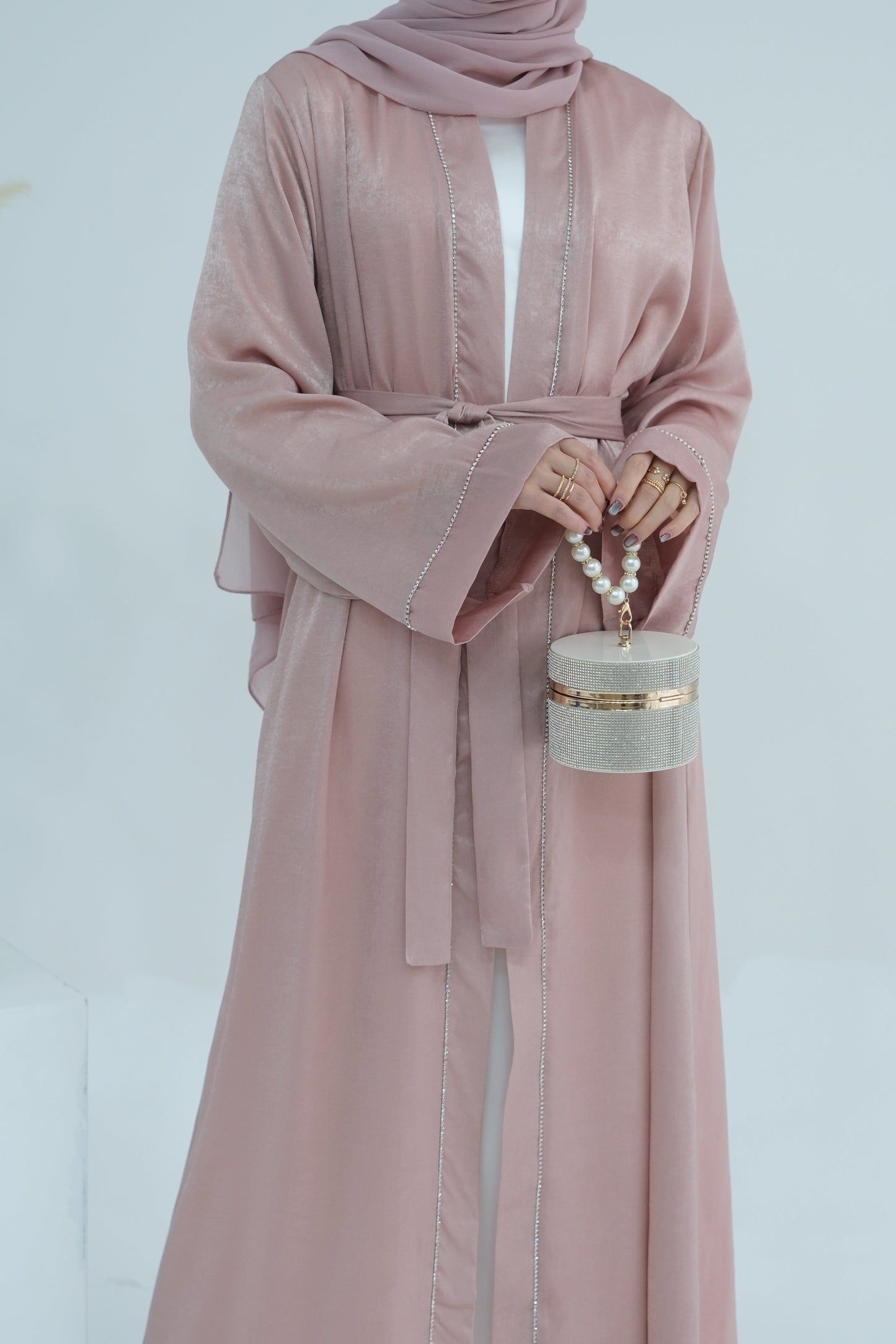 Rania Polyester Fiber Trimmed Open Abaya 707 - Pink