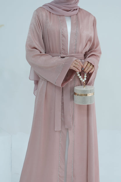 Rania Polyester Fiber Trimmed Open Abaya 707 - Pink