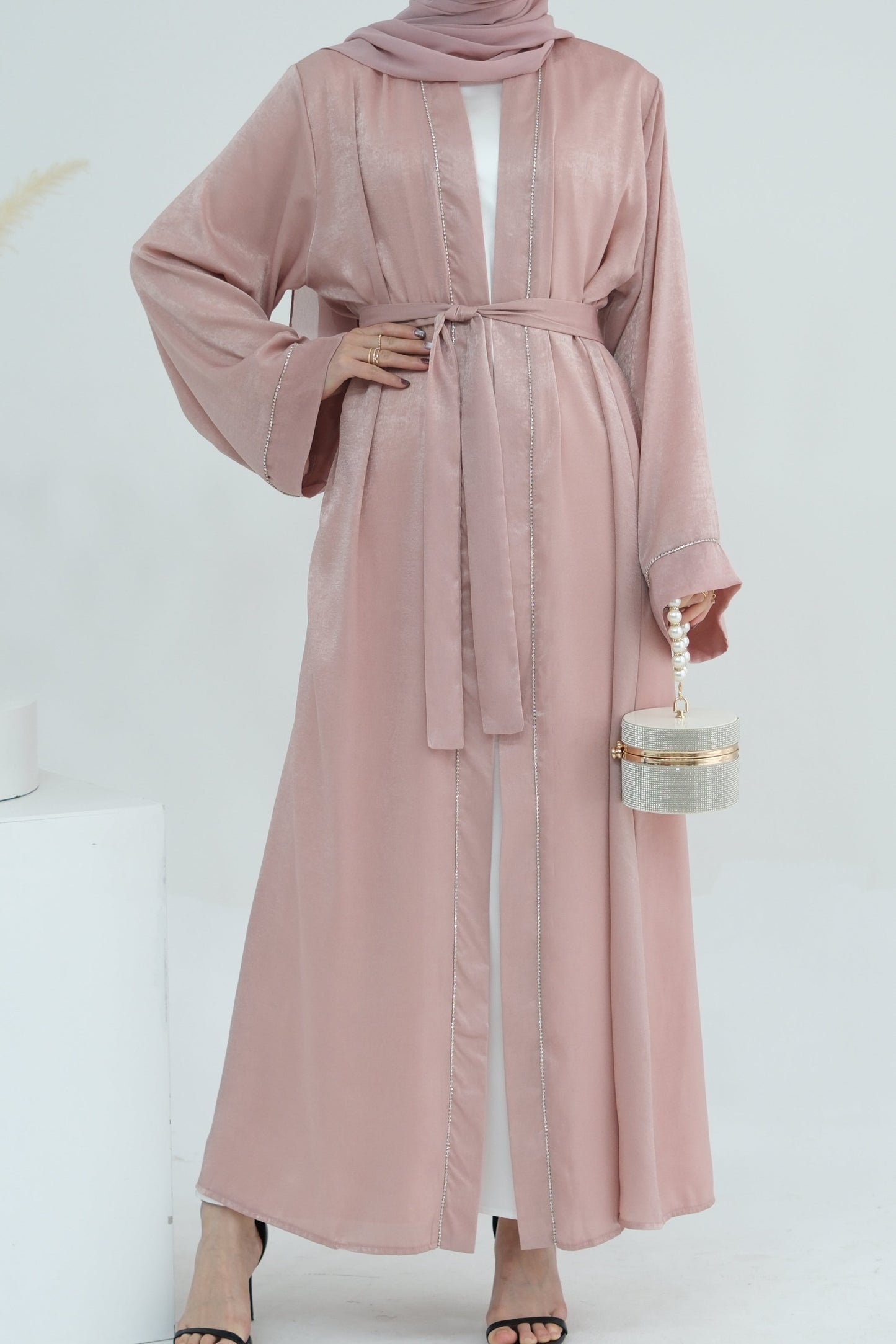 Rania Polyester Fiber Trimmed Open Abaya 707 - Pink