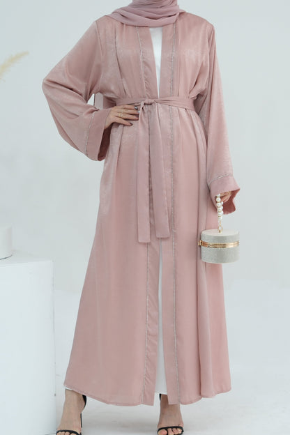 Rania Polyester Fiber Trimmed Open Abaya 707 - Pink