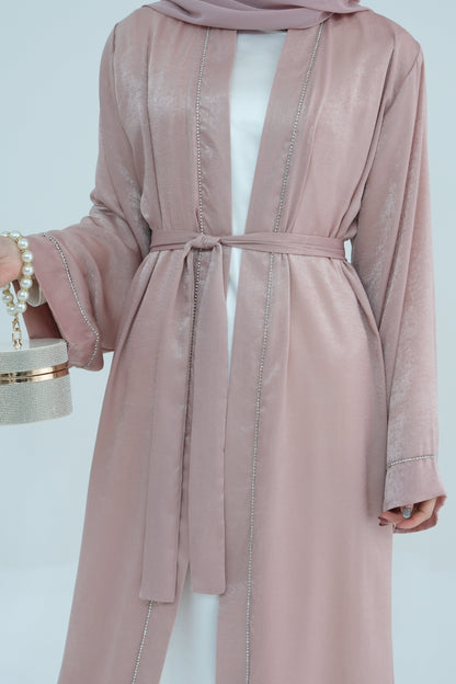 Rania Polyester Fiber Trimmed Open Abaya 707 - Pink