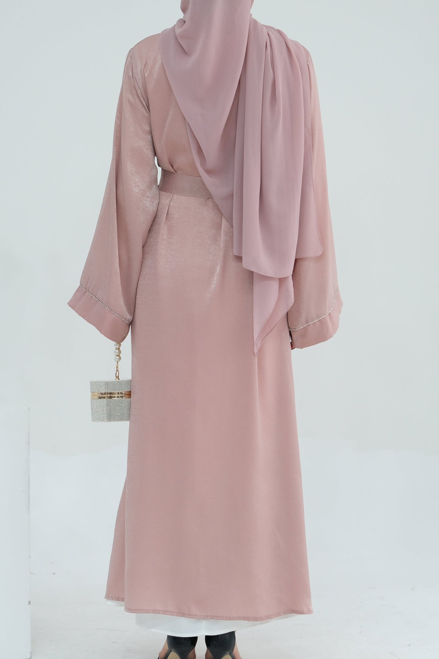 Rania Polyester Fiber Trimmed Open Abaya 707 - Pink