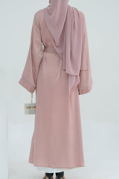 Rania Polyester Fiber Trimmed Open Abaya 707 - Pink