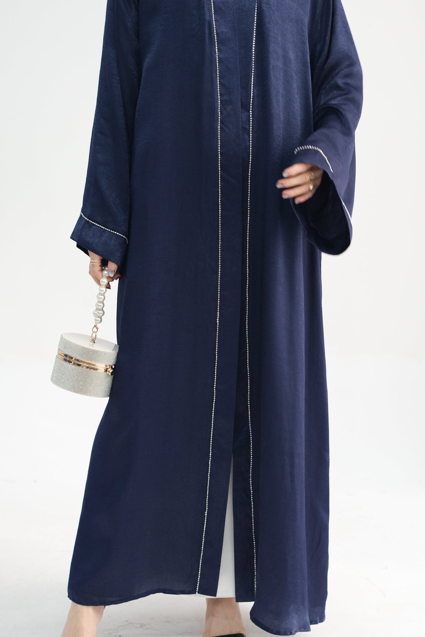 Rania Polyester Fiber Trimmed Open Abaya 707 - Navy