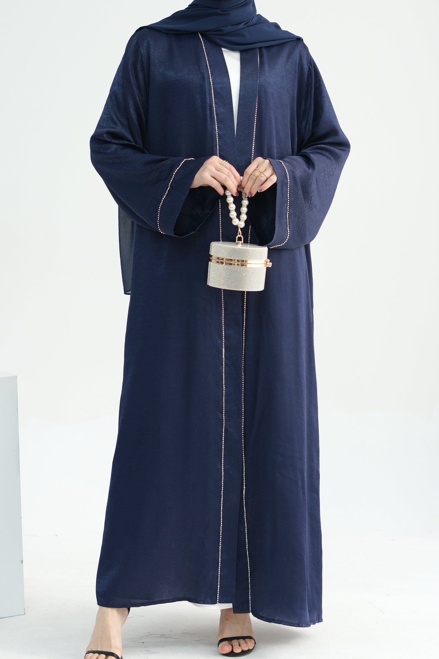 Rania Polyester Fiber Trimmed Open Abaya 707 - Navy