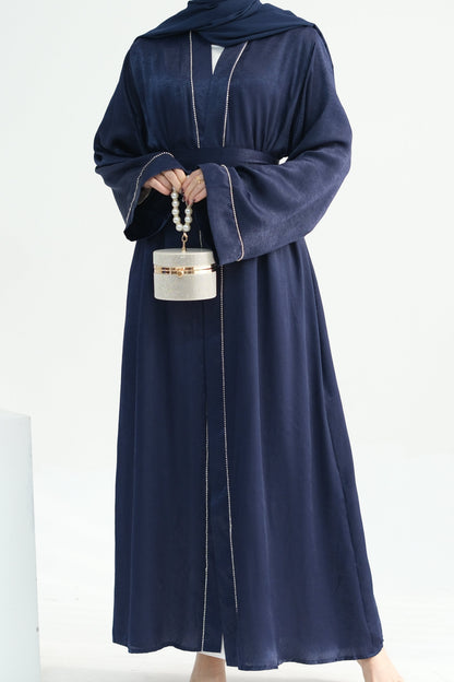 Rania Polyester Fiber Trimmed Open Abaya 707 - Navy