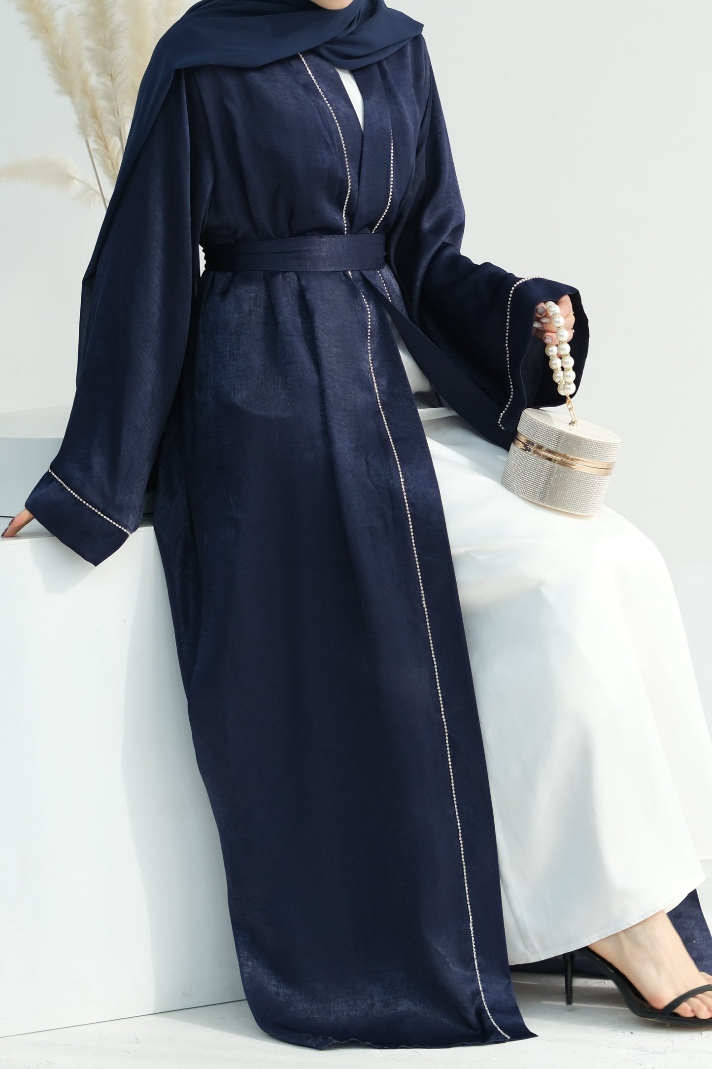 Rania Polyester Fiber Trimmed Open Abaya 707 - Navy