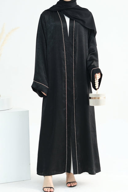 Rania Polyester Fiber Trimmed Open Abaya 707 - Black