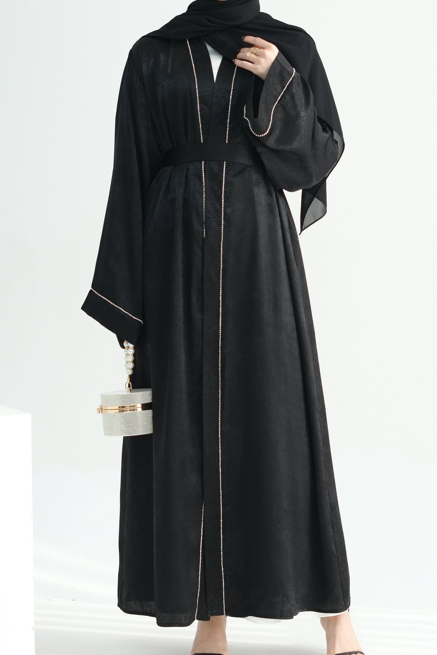 Rania Polyester Fiber Trimmed Open Abaya 707 - Black