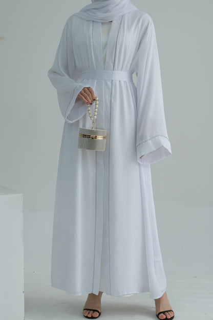 Rania Polyester Fiber Trimmed Open Abaya 707 - White