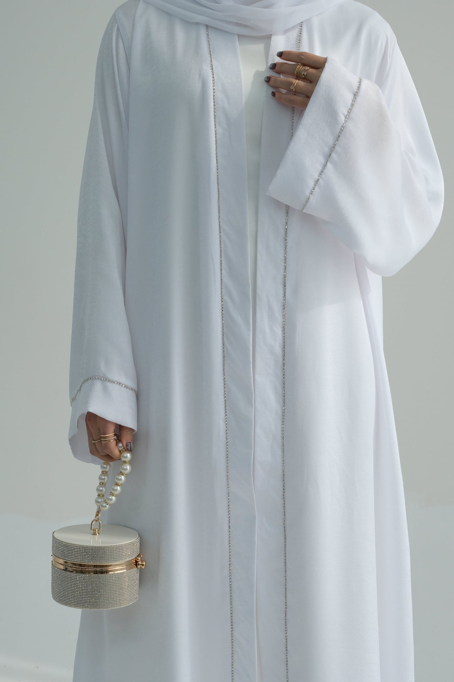 Rania Polyester Fiber Trimmed Open Abaya 707 - White