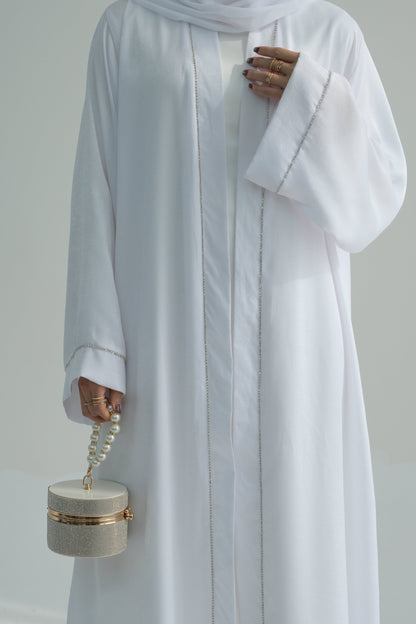 Rania Polyester Fiber Trimmed Open Abaya 707 - White