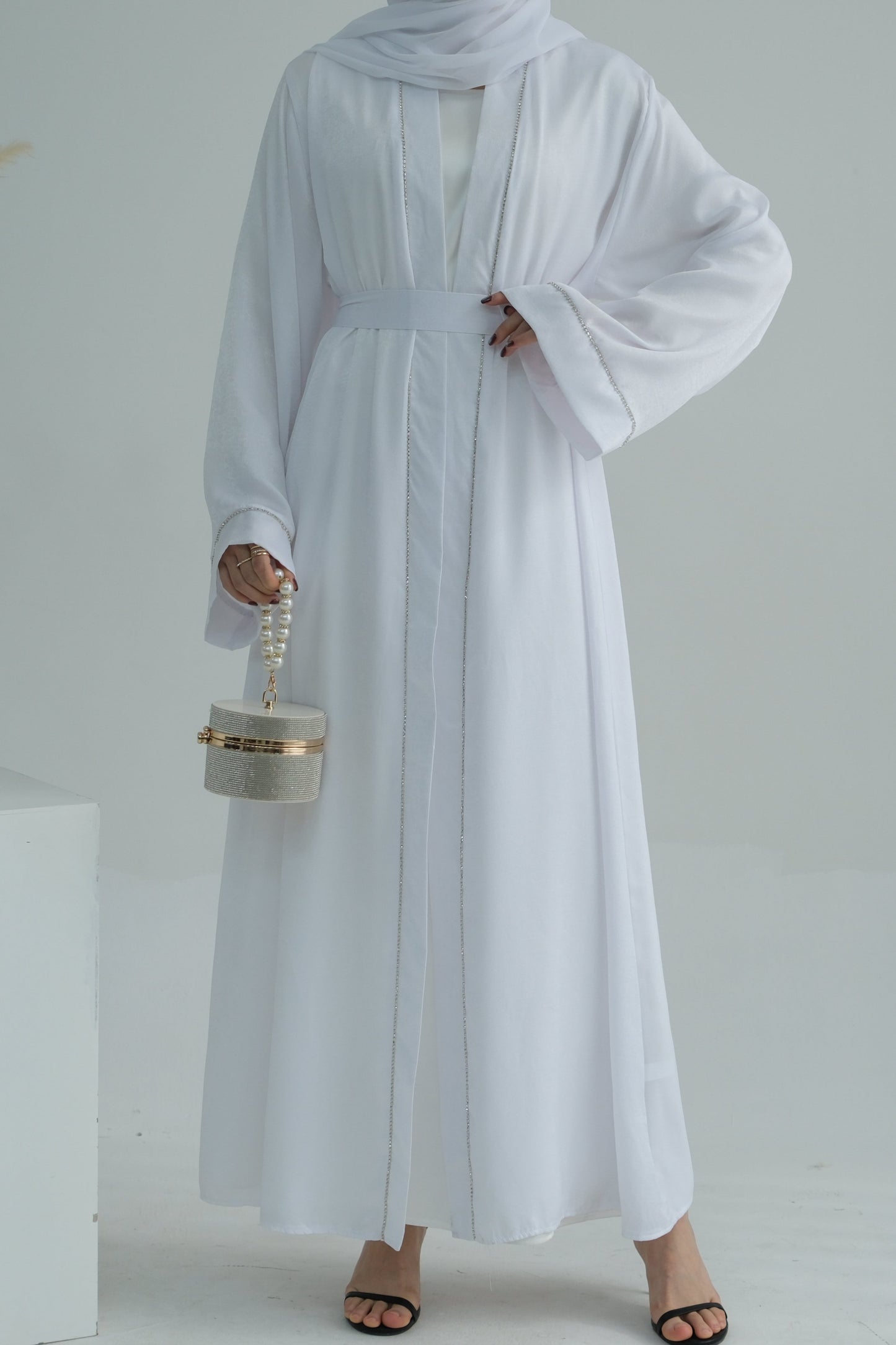Rania Polyester Fiber Trimmed Open Abaya 707 - White