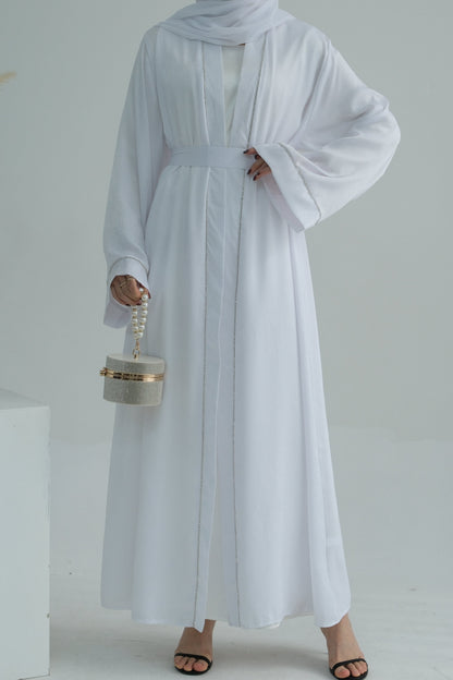 Rania Polyester Fiber Trimmed Open Abaya 707 - White