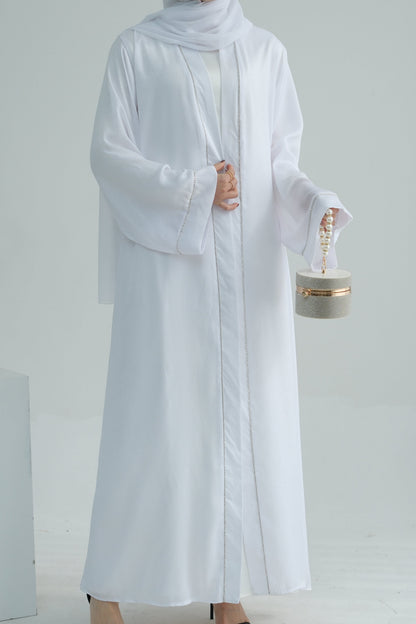 Rania Polyester Fiber Trimmed Open Abaya 707 - White