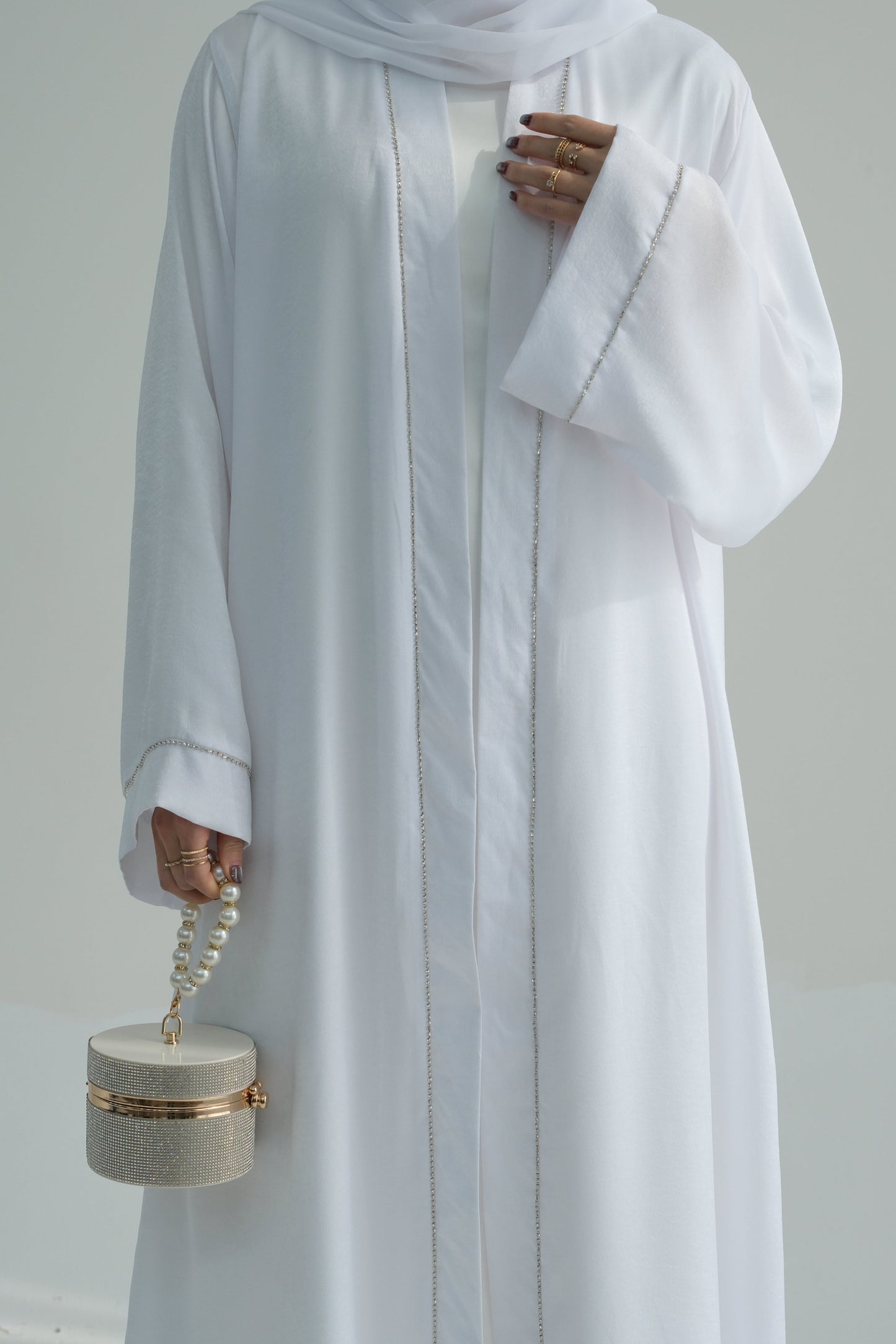 Rania Polyester Fiber Trimmed Open Abaya 707 - White
