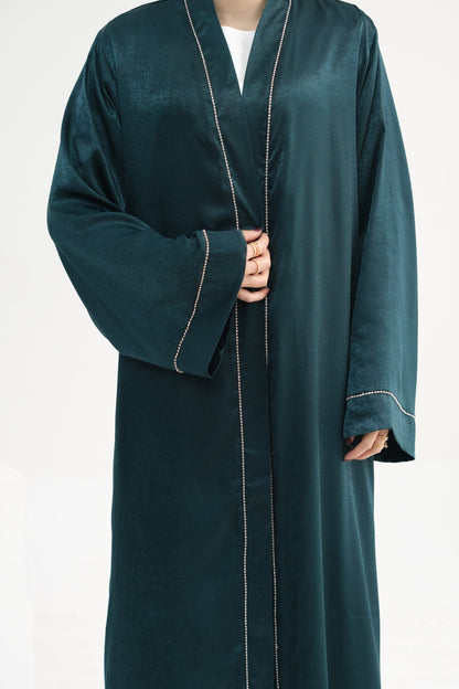 Rania Polyester Fiber Trimmed Open Abaya with Belt 707 - Dark Green