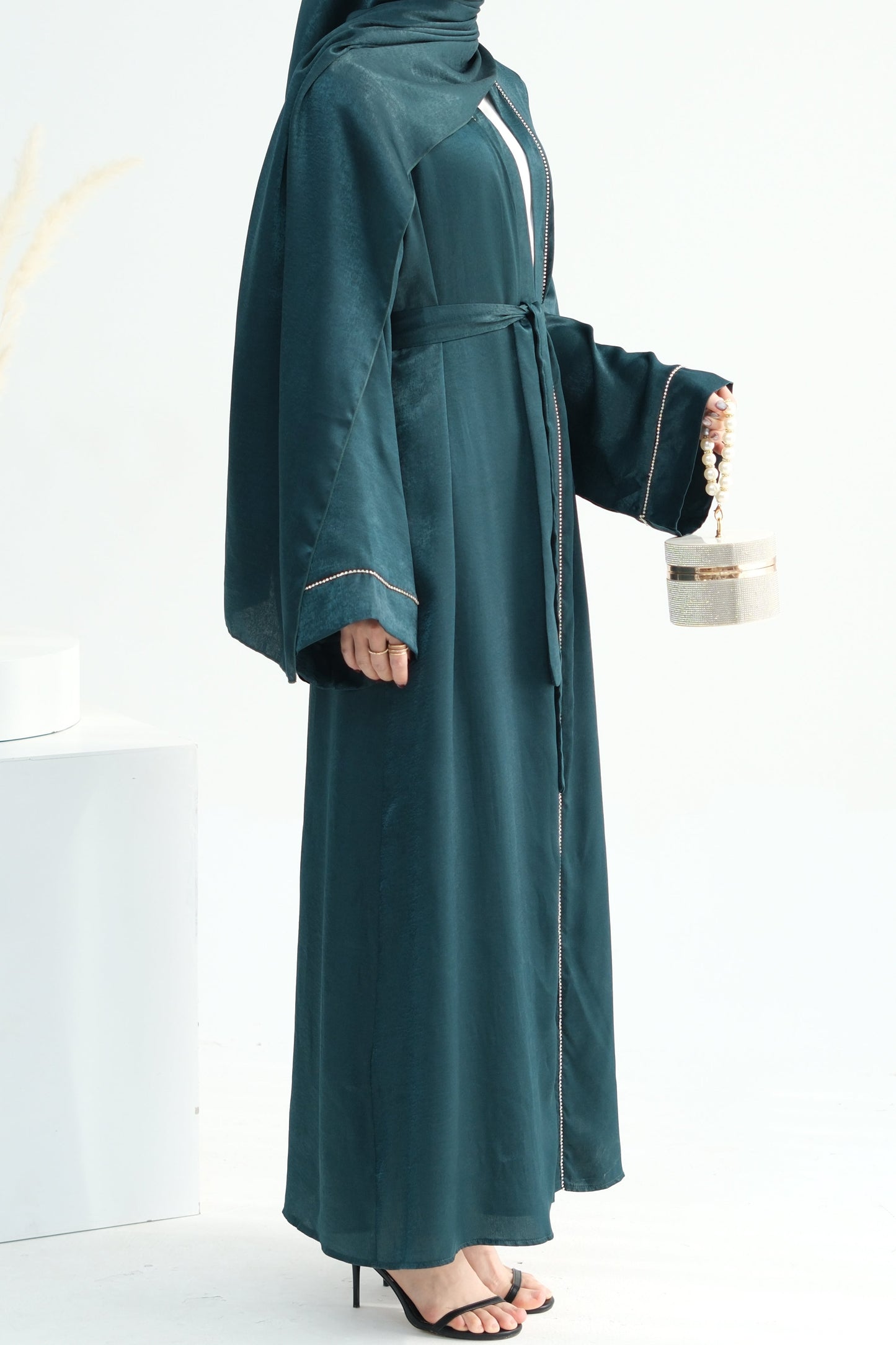 Rania Polyester Fiber Trimmed Open Abaya with Belt 707 - Dark Green