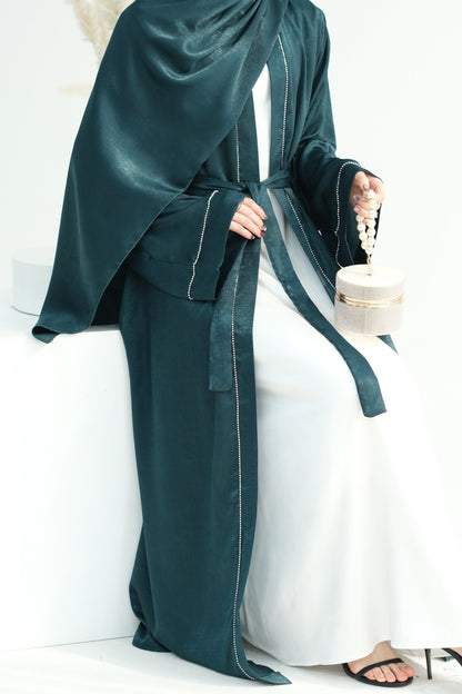 Rania Polyester Fiber Trimmed Open Abaya with Belt 707 - Dark Green