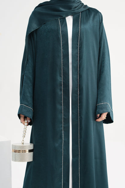 Rania Polyester Fiber Trimmed Open Abaya with Belt 707 - Dark Green