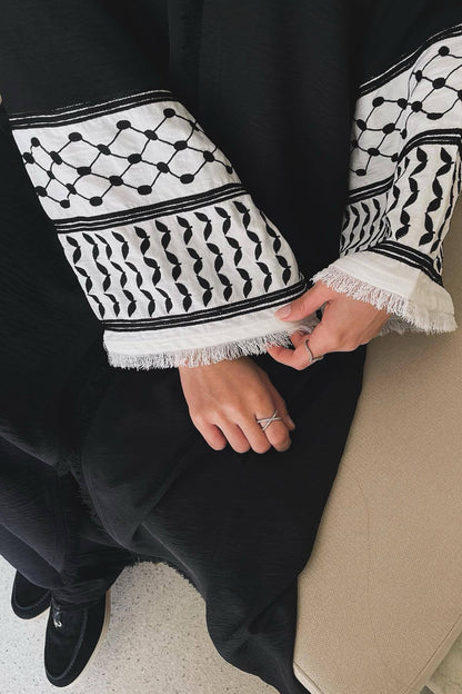 Karina Keffiyeh Inspired Fringed Peace Dove Pattern Embroidery Modest Open Abaya with belt 763 - Black