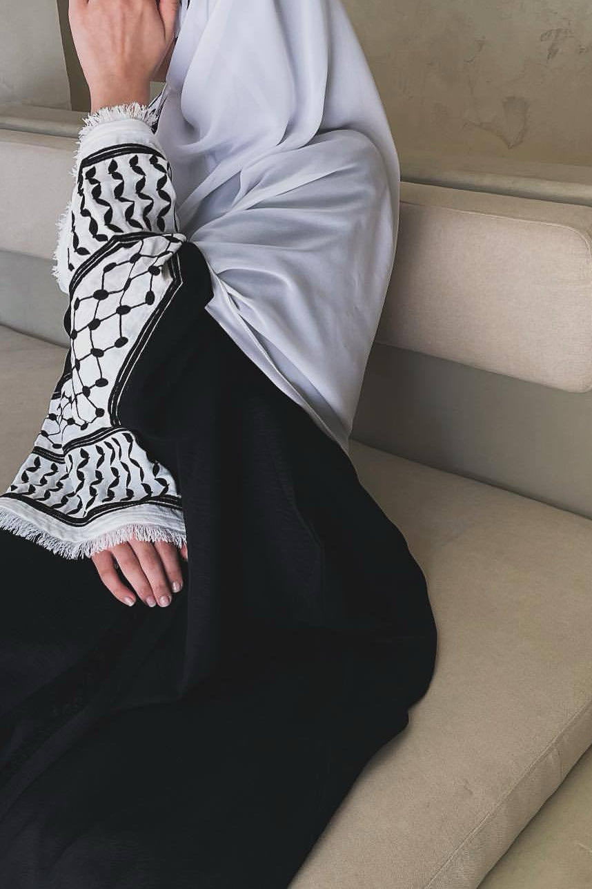 Karina Keffiyeh Inspired Fringed Peace Dove Pattern Embroidery Modest Open Abaya with belt 763 - Black