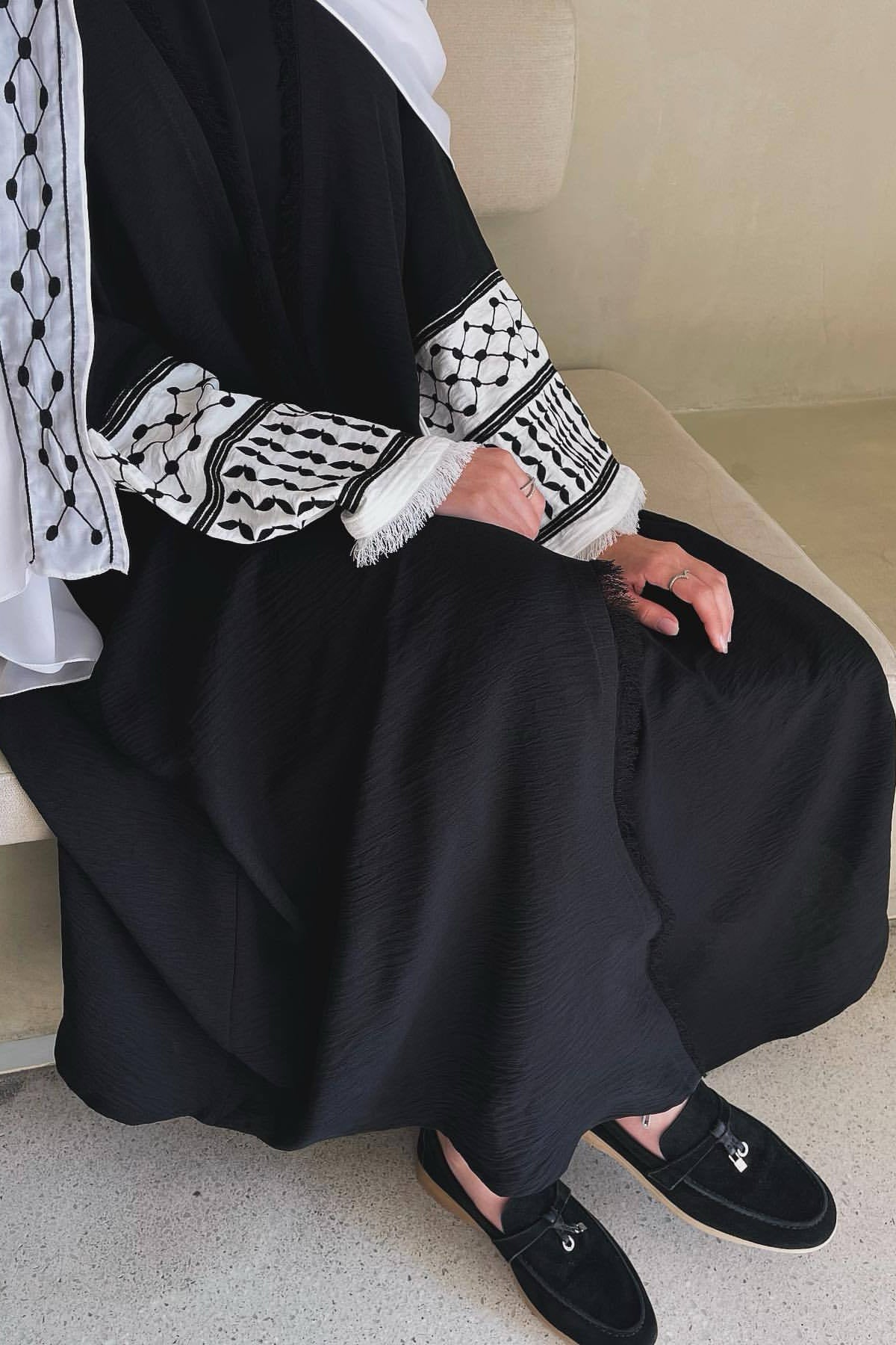 Karina Keffiyeh Inspired Fringed Peace Dove Pattern Embroidery Modest Open Abaya with belt 763 - Black