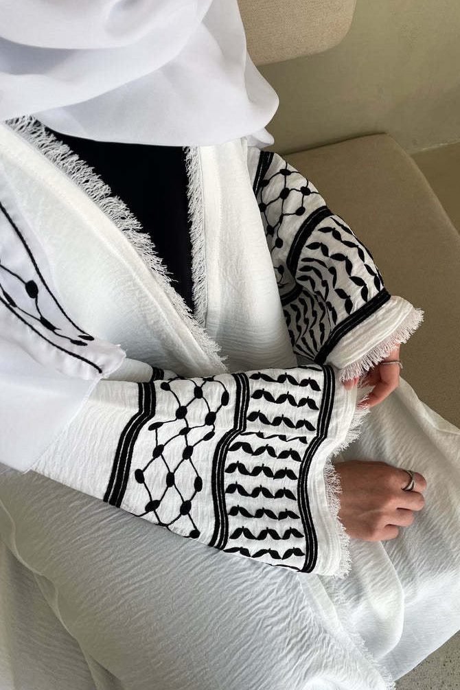 Karina Keffiyeh Inspired Fringed Peace Dove Pattern Embroidery Modest Open Abaya with belt 763 - White