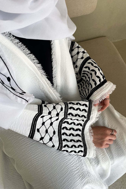 Karina Keffiyeh Inspired Fringed Peace Dove Pattern Embroidery Modest Open Abaya with belt 763 - White