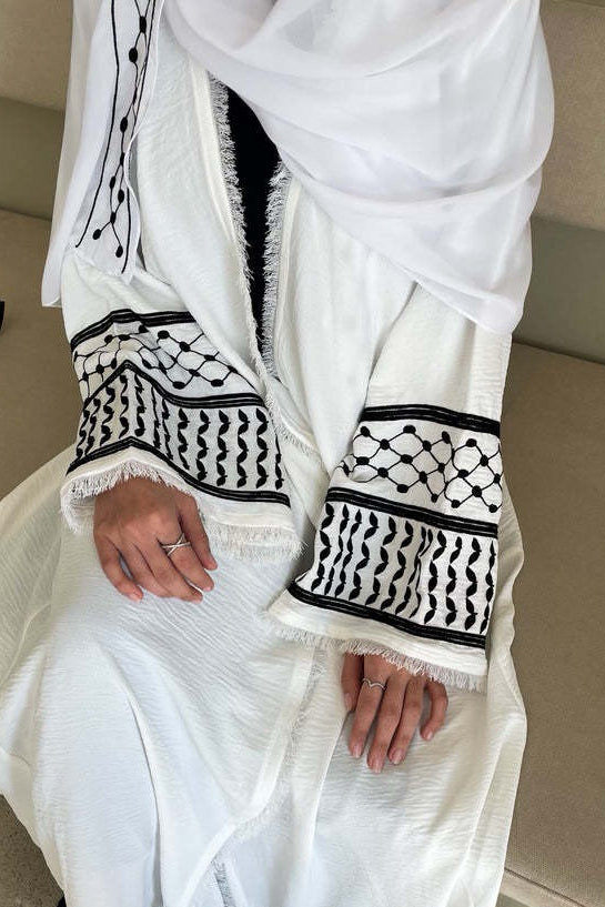 Karina Keffiyeh Inspired Fringed Peace Dove Pattern Embroidery Modest Open Abaya with belt 763 - White