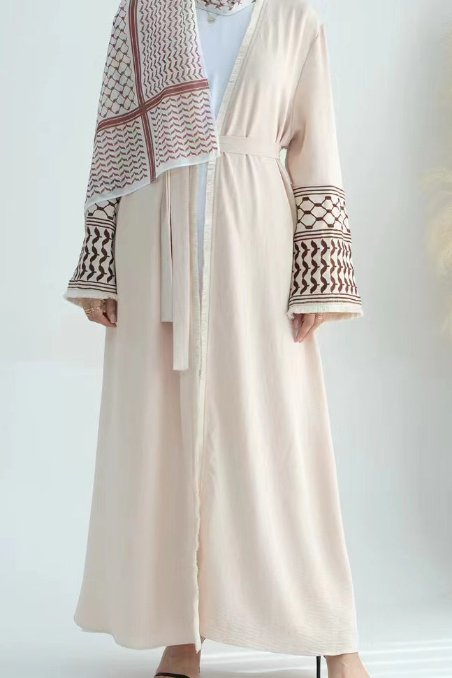 Karina Keffiyeh Inspired Fringed Peace Dove Pattern Embroidery Modest Open Abaya with belt 763 - Beige