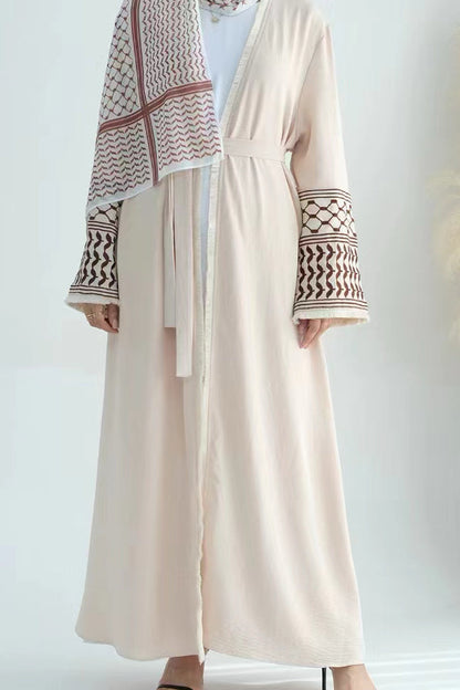 Karina Keffiyeh Inspired Fringed Peace Dove Pattern Embroidery Modest Open Abaya with belt 763 - Beige