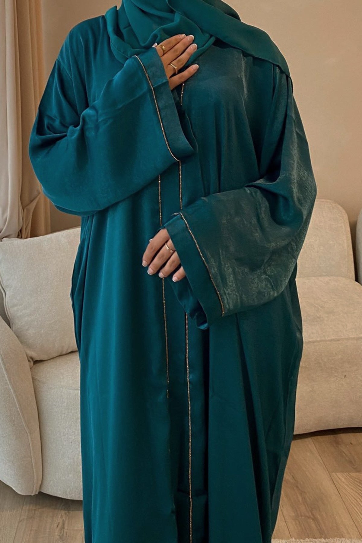 Rania Polyester Fiber Trimmed Open Abaya with Belt 707 - Dark Green