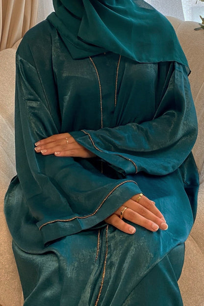 Rania Polyester Fiber Trimmed Open Abaya with Belt 707 - Dark Green