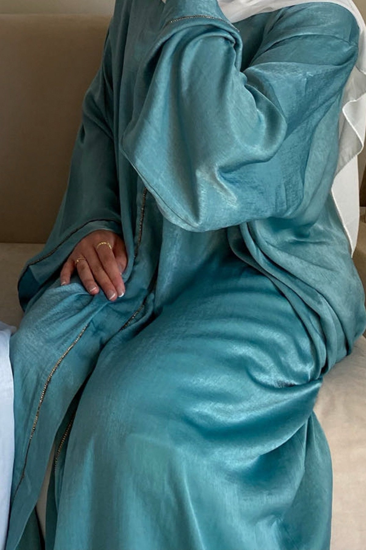 Rania Polyester Fiber Trimmed Open Abaya with Belt 707  - Mint Green