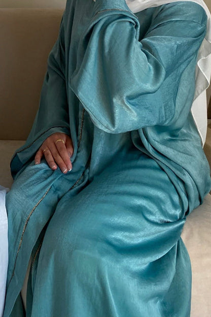 Rania Polyester Fiber Trimmed Open Abaya with Belt 707  - Mint Green