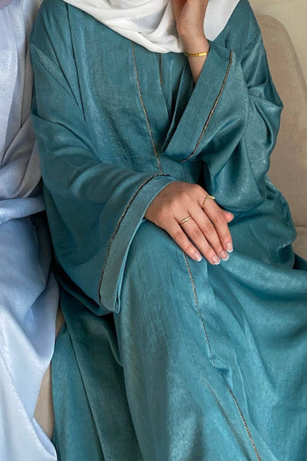 Rania Polyester Fiber Trimmed Open Abaya with Belt 707  - Mint Green