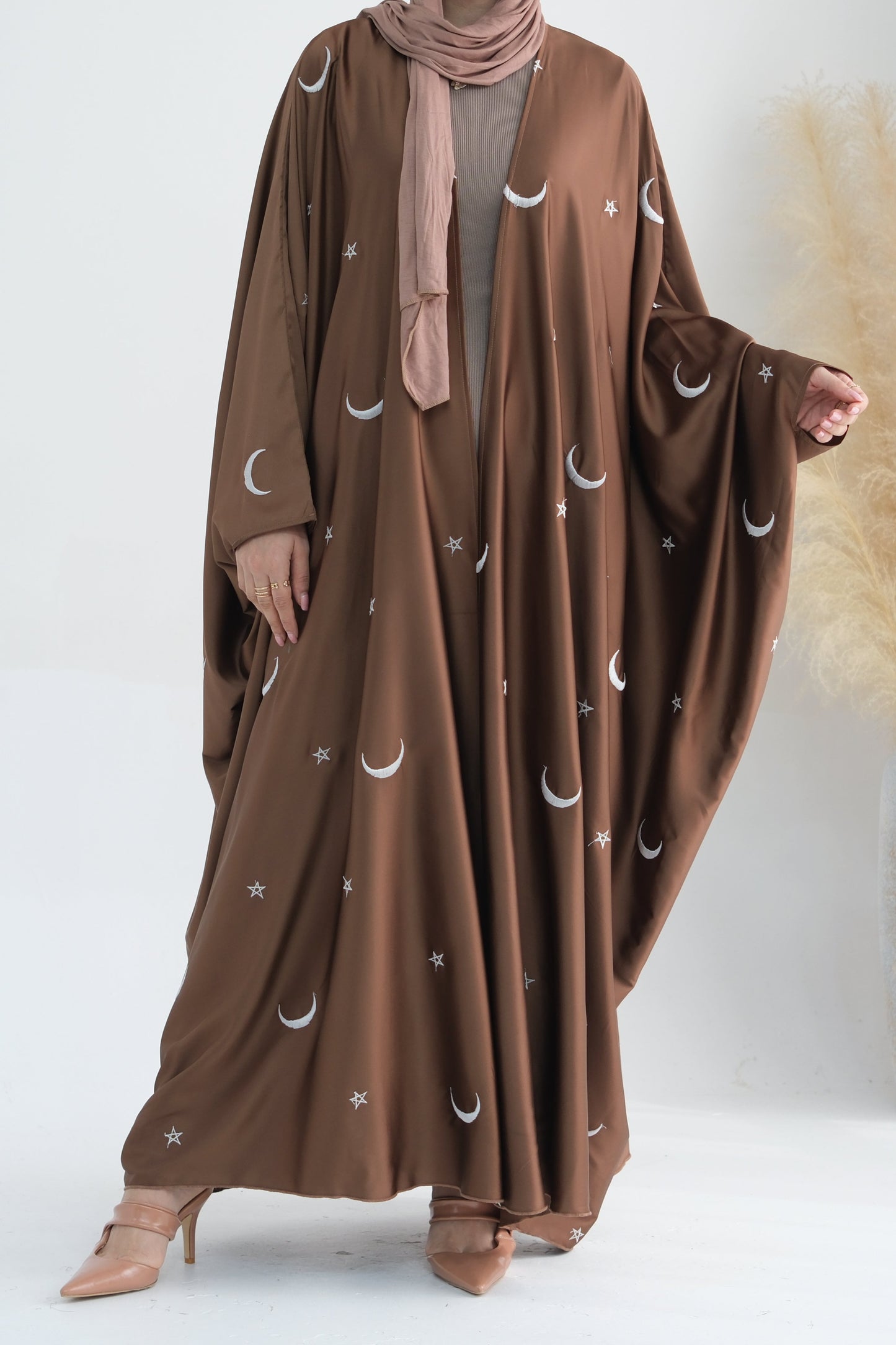 Lyra Moon Star Oversize Satin Open Abaya 727 - Brown