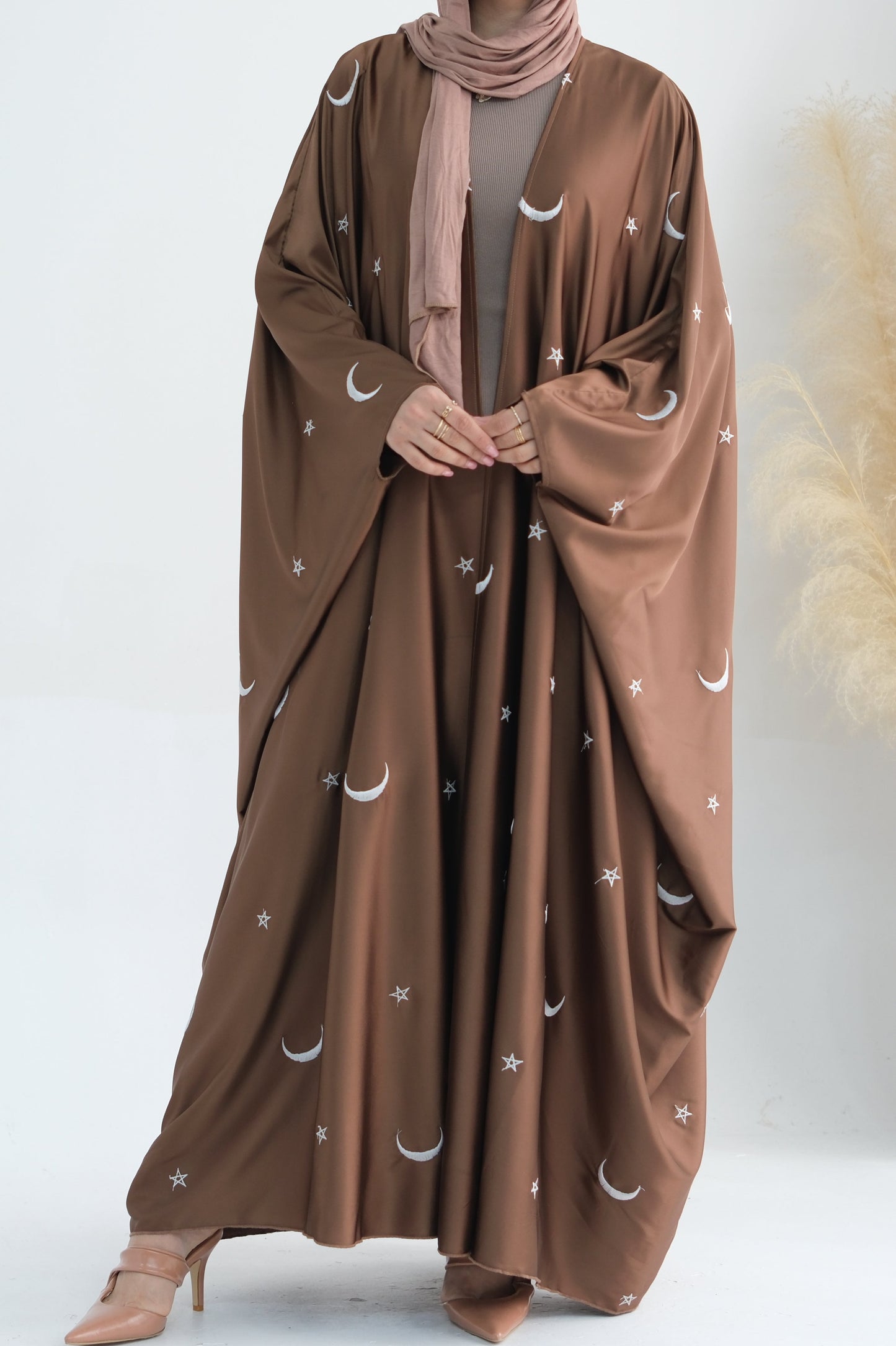 Lyra Moon Star Oversize Satin Open Abaya 727 - Brown