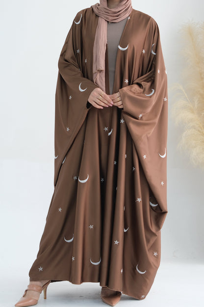 Lyra Moon Star Oversize Satin Open Abaya 727 - Brown